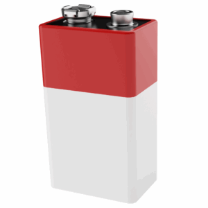 9V battery with rectangular shape and metal terminals on top