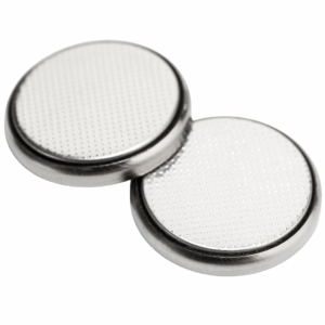 Top view of a 2016 3V lithium disc battery used in small electronics like watches and key fobs