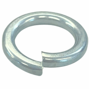 Zinc plated spring washers with split-ring design, used for vibration resistance and maintaining tension in fastenings.