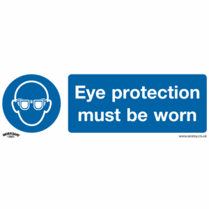 Eye Protection Must Be Worn safety sign made from durable rigid plastic, blue and white design