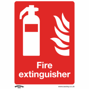 Rigid plastic fire extinguisher safety sign mounted on a wall, featuring bold red and white text with extinguisher icon.
