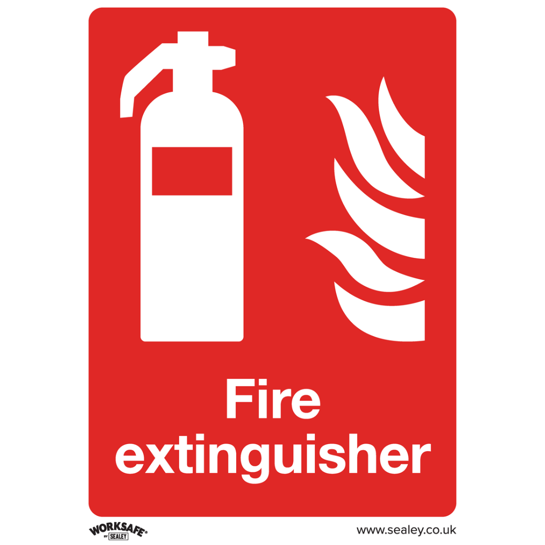 Fire extinguisher sign Rigid plastic fire extinguisher safety sign mounted on a wall, featuring bold red and white text with extinguisher icon.