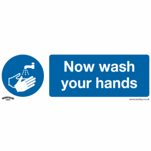 Now Wash Your Hands safety sign in blue and white, made from self-adhesive vinyl for hygiene reminders
