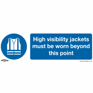 High Visibility Jackets Must Be Worn Beyond This Point safety sign in blue and white, made from rigid plastic