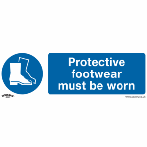 Protective Footwear Must Be Worn safety sign in blue and white, made from rigid plastic for workplace PPE compliance