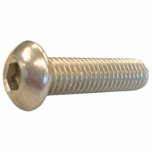 Close-up of an Socket Dome Screw with a smooth, rounded head and internal hex drive, made from stainless steel.