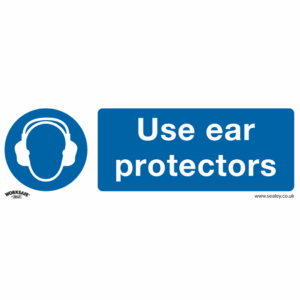 Use Ear Protectors safety sign in blue and white, made from rigid plastic for hearing protection compliance