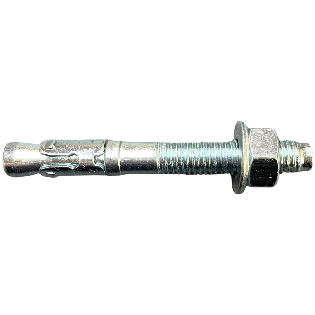 Through Bolt A zinc-plated through bolt with a threaded shaft, designed for securing heavy materials to concrete or masonry surfaces