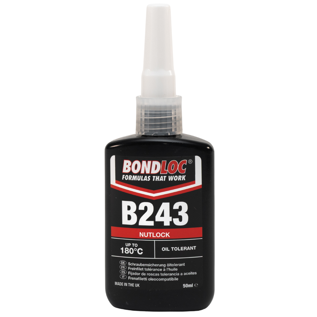 Bondloc Nutlock Bondloc B243 Nutlock medium-strength blue thread-locking adhesive bottle used to secure nuts, bolts, and screws.