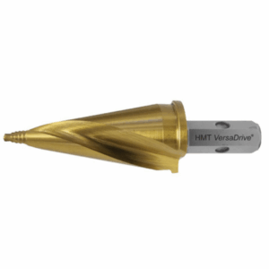 Holemaker Technology VersaDrive TurboTip Impact ConeCutter with hex shank and spiral flutes, titanium nitride-coated, shown enlarging a thin-gauge metal hole