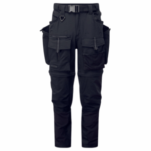 A pair of versatile black modular 3-in-1 trousers designed for working use, featuring zip-off sections that convert into shorts